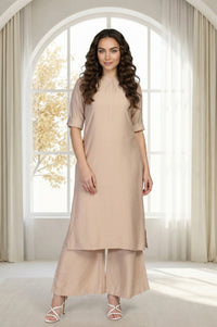 Beige Solid Straight Kurta and Palazzo Co-ord Set