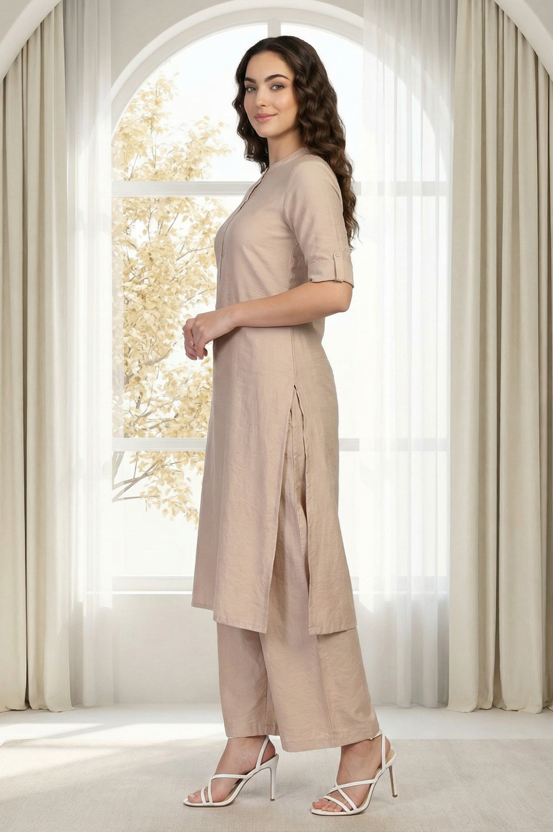 Beige Solid Straight Kurta and Palazzo Co-ord Set