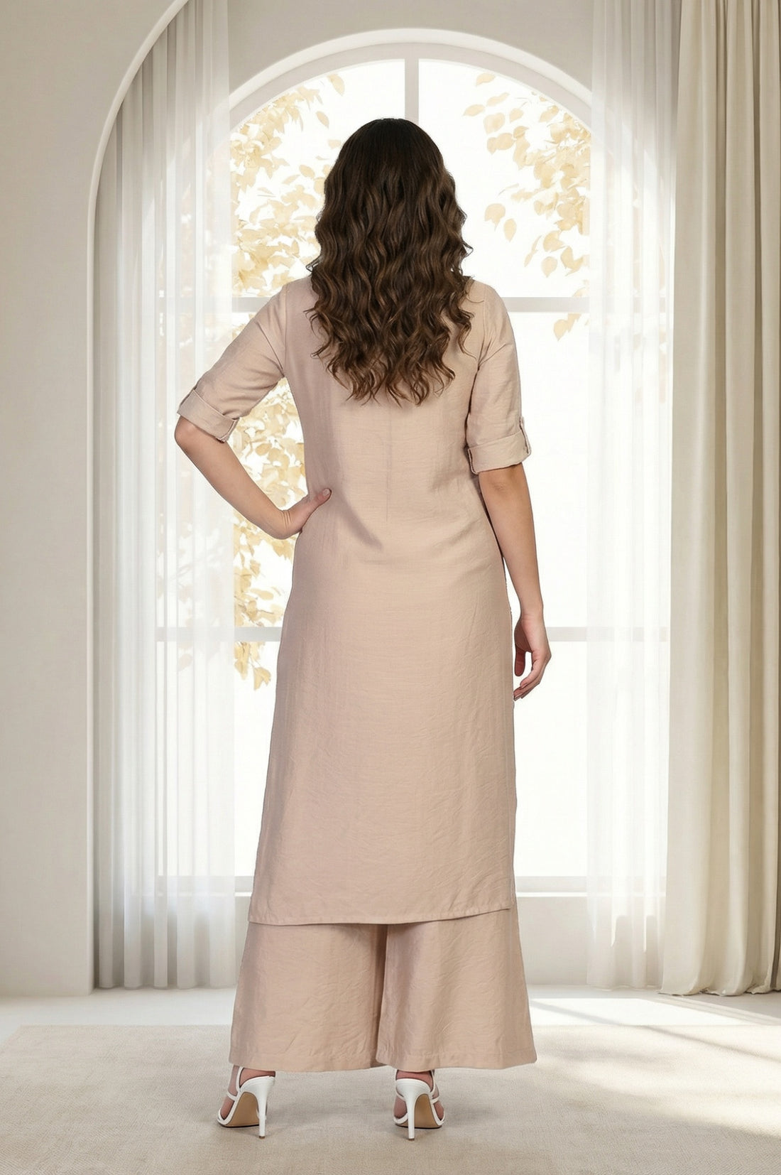 Beige Solid Straight Kurta and Palazzo Co-ord Set