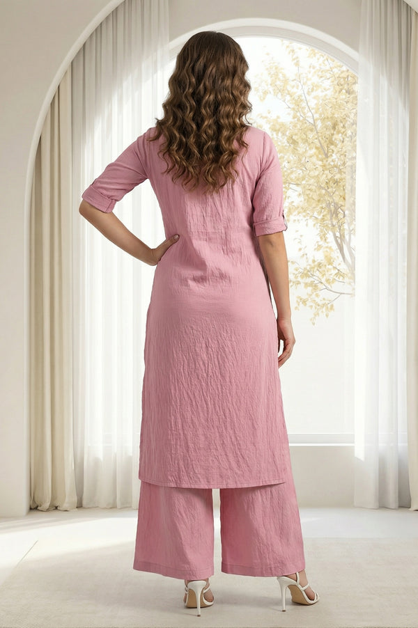 Pink Solid Straight Kurta and Palazzo Co-ord Set