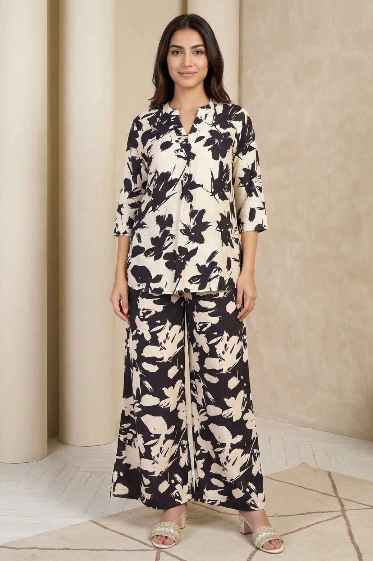 Black Floral Printed Straight Top with Trouser Set - XS