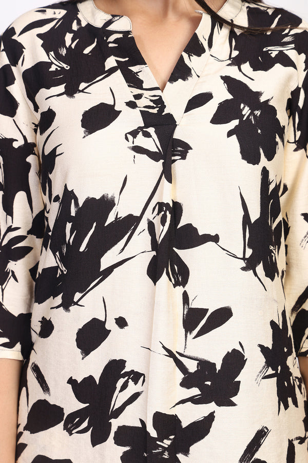 Black Floral Printed Straight Top with Trouser Set