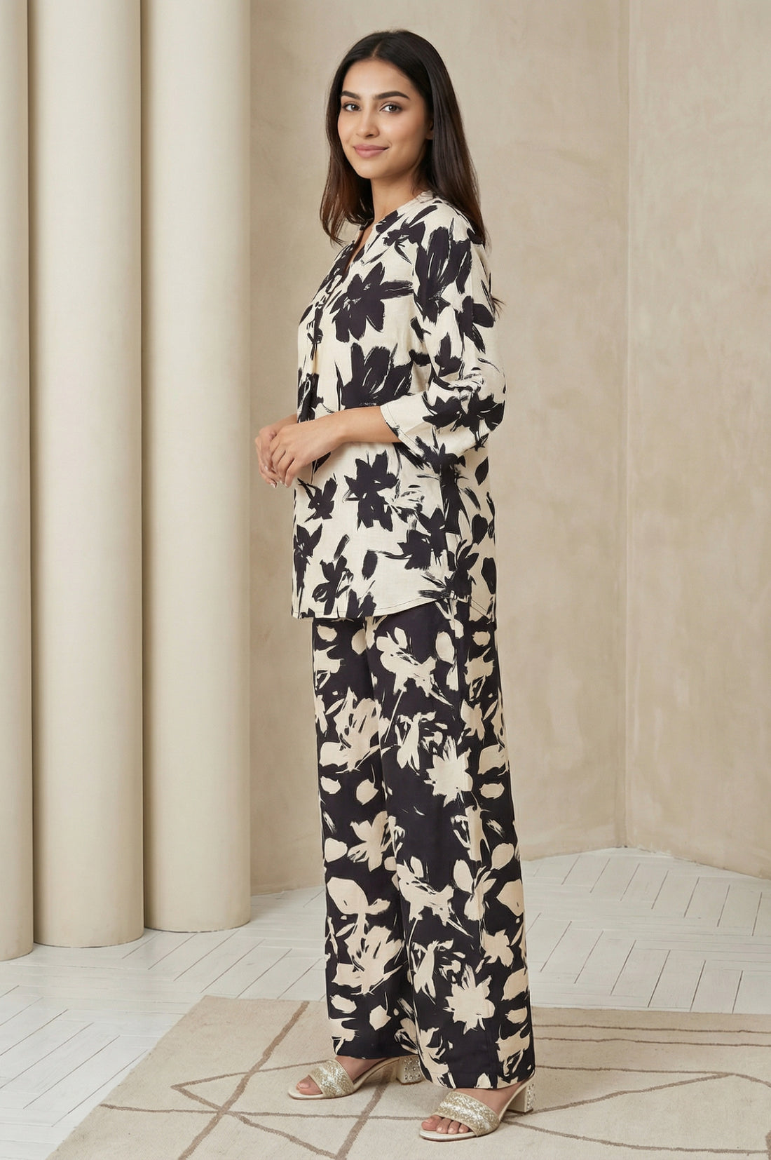Black Floral Printed Straight Top with Trouser Set
