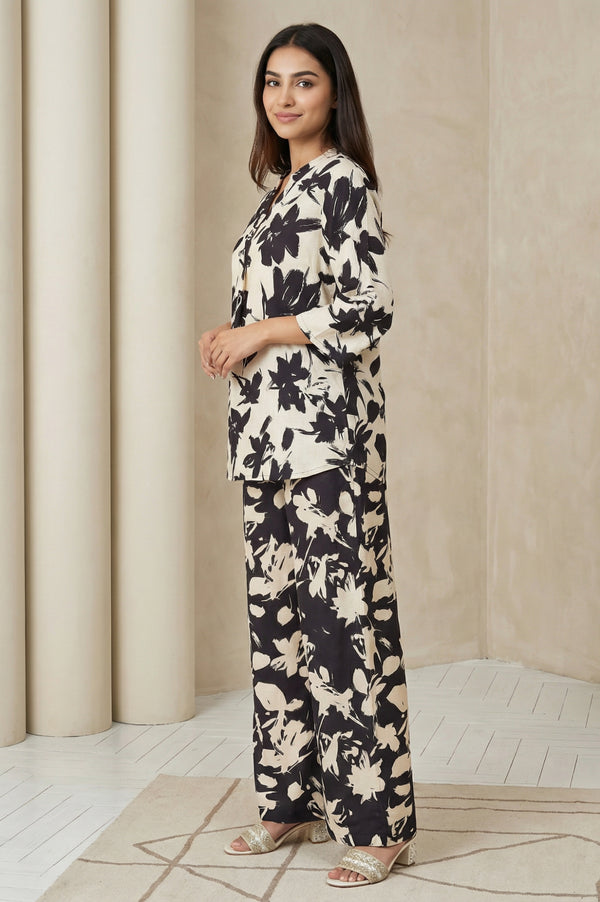 Black Floral Printed Straight Top with Trouser Set