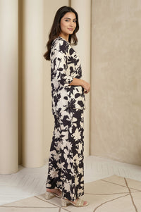 Black Floral Printed Straight Top with Trouser Set