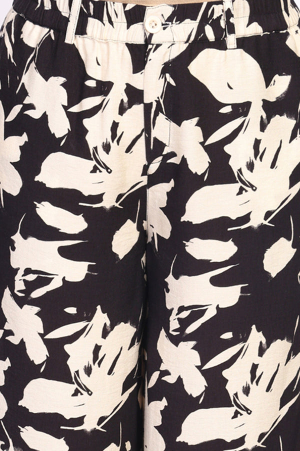 Black Floral Printed Straight Top with Trouser Set