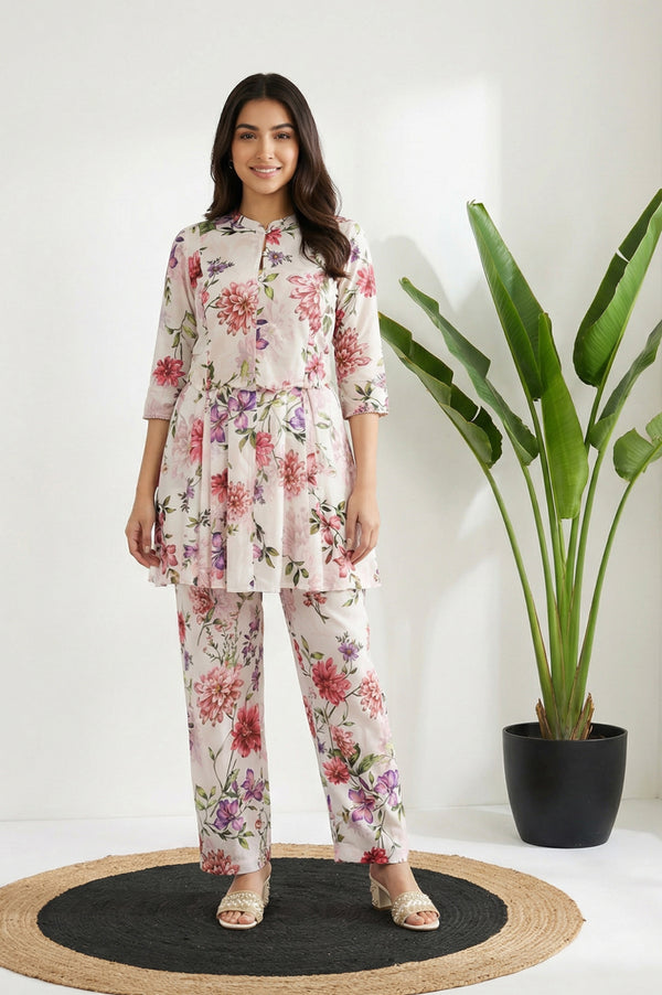 White Floral Printed Cotton Blend A-line Kurta with Palazzo Set