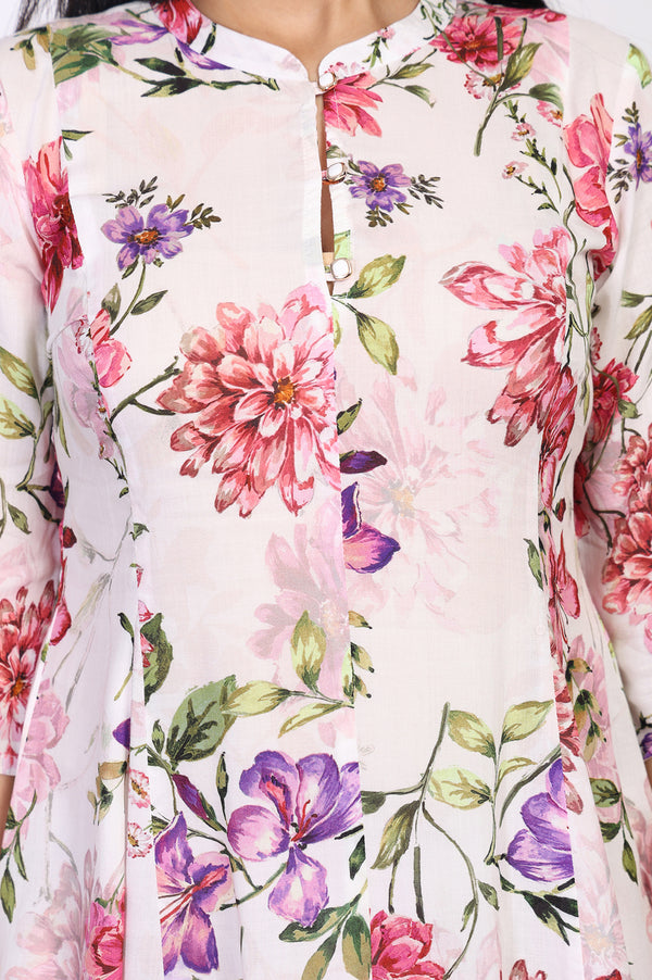 White Floral Printed Cotton Blend A-line Kurta with Palazzo Set