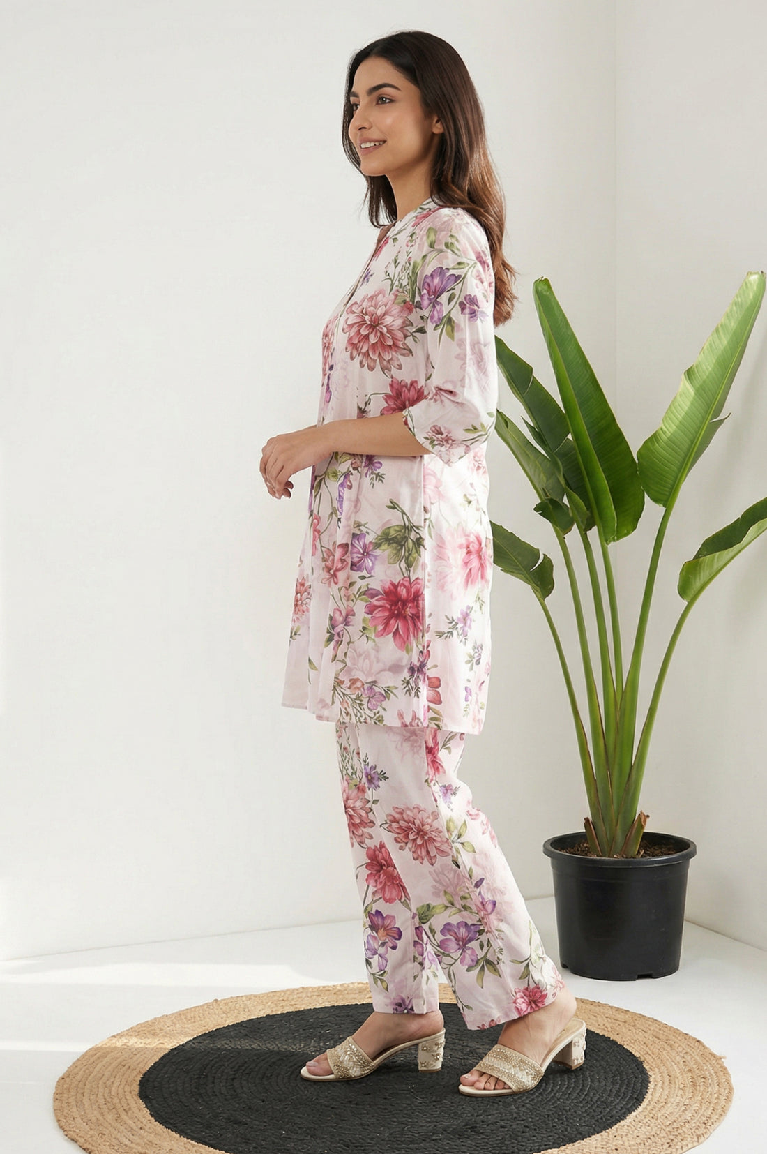 White Floral Printed Cotton Blend A-line Kurta with Palazzo Set