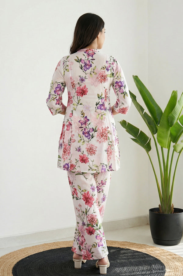 White Floral Printed Cotton Blend A-line Kurta with Palazzo Set