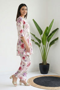 White Floral Printed Cotton Blend A-line Kurta with Palazzo Set