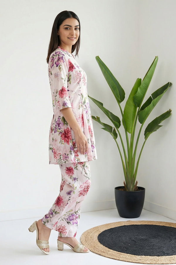 White Floral Printed Cotton Blend A-line Kurta with Palazzo Set