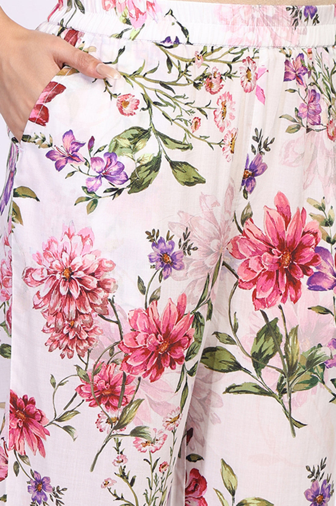White Floral Printed Cotton Blend A-line Kurta with Palazzo Set