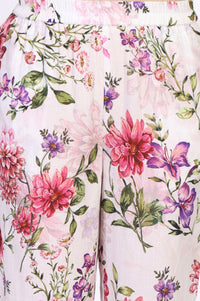 White Floral Printed Cotton Blend A-line Kurta with Palazzo Set