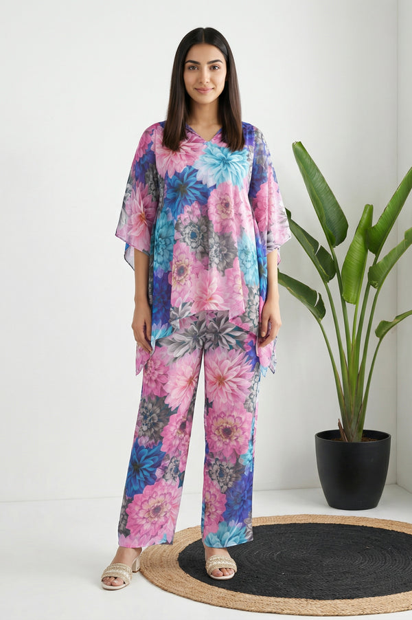 Multicolor Floral Print Cotton Blend Kaftan with Palazzo Set