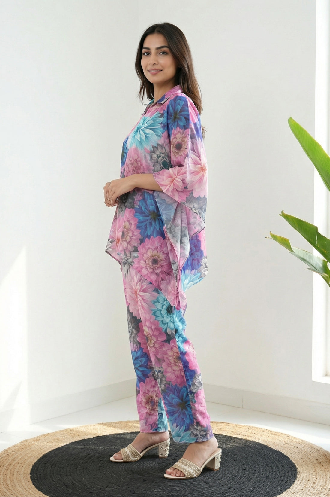 Multicolor Floral Print Cotton Blend Kaftan with Palazzo Set