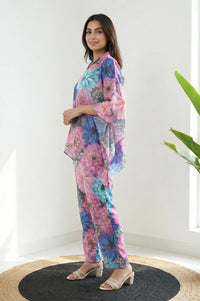 Multicolor Floral Print Cotton Blend Kaftan with Palazzo Set