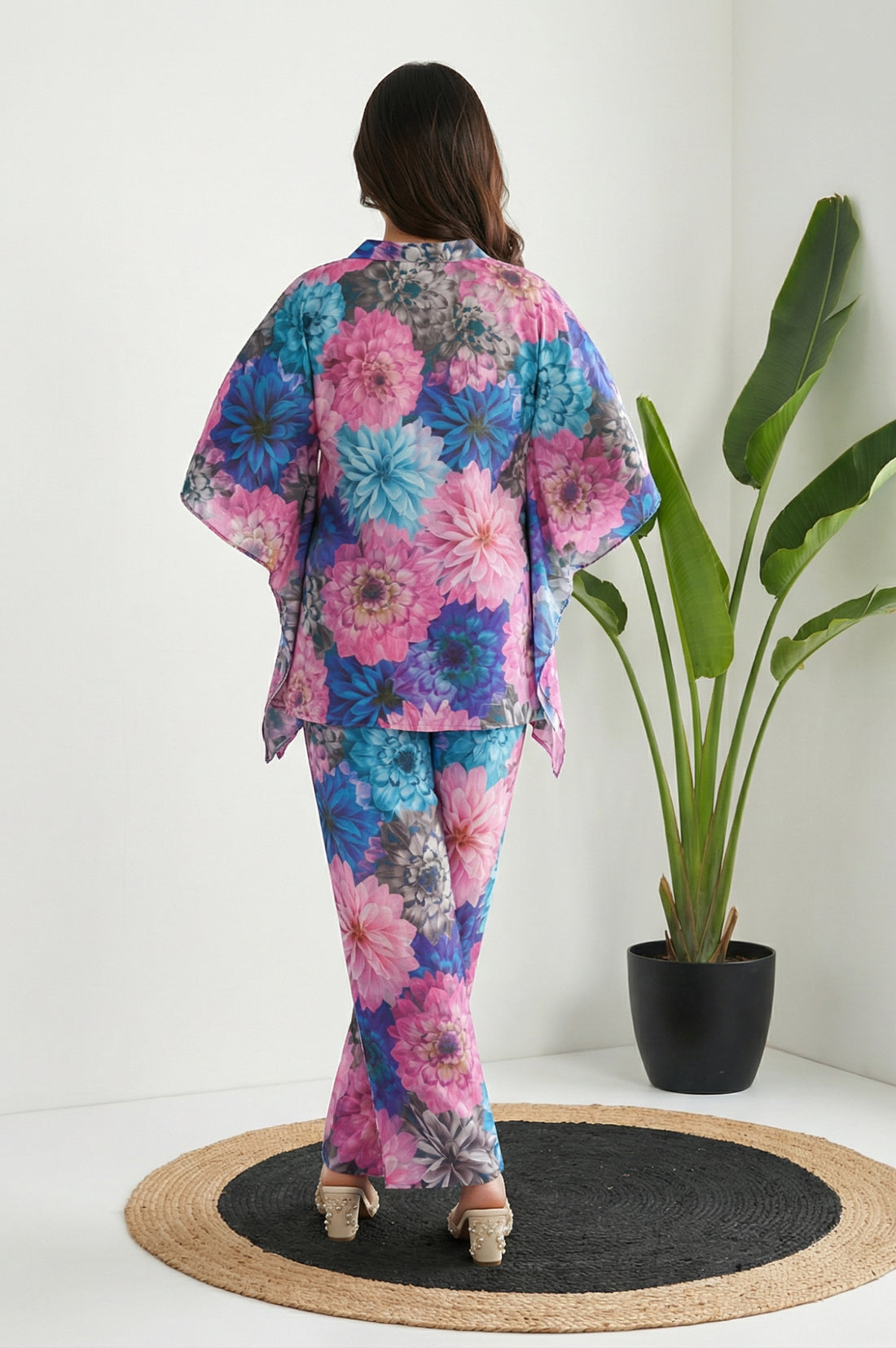 Multicolor Floral Print Cotton Blend Kaftan with Palazzo Set