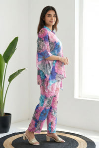 Multicolor Floral Print Cotton Blend Kaftan with Palazzo Set