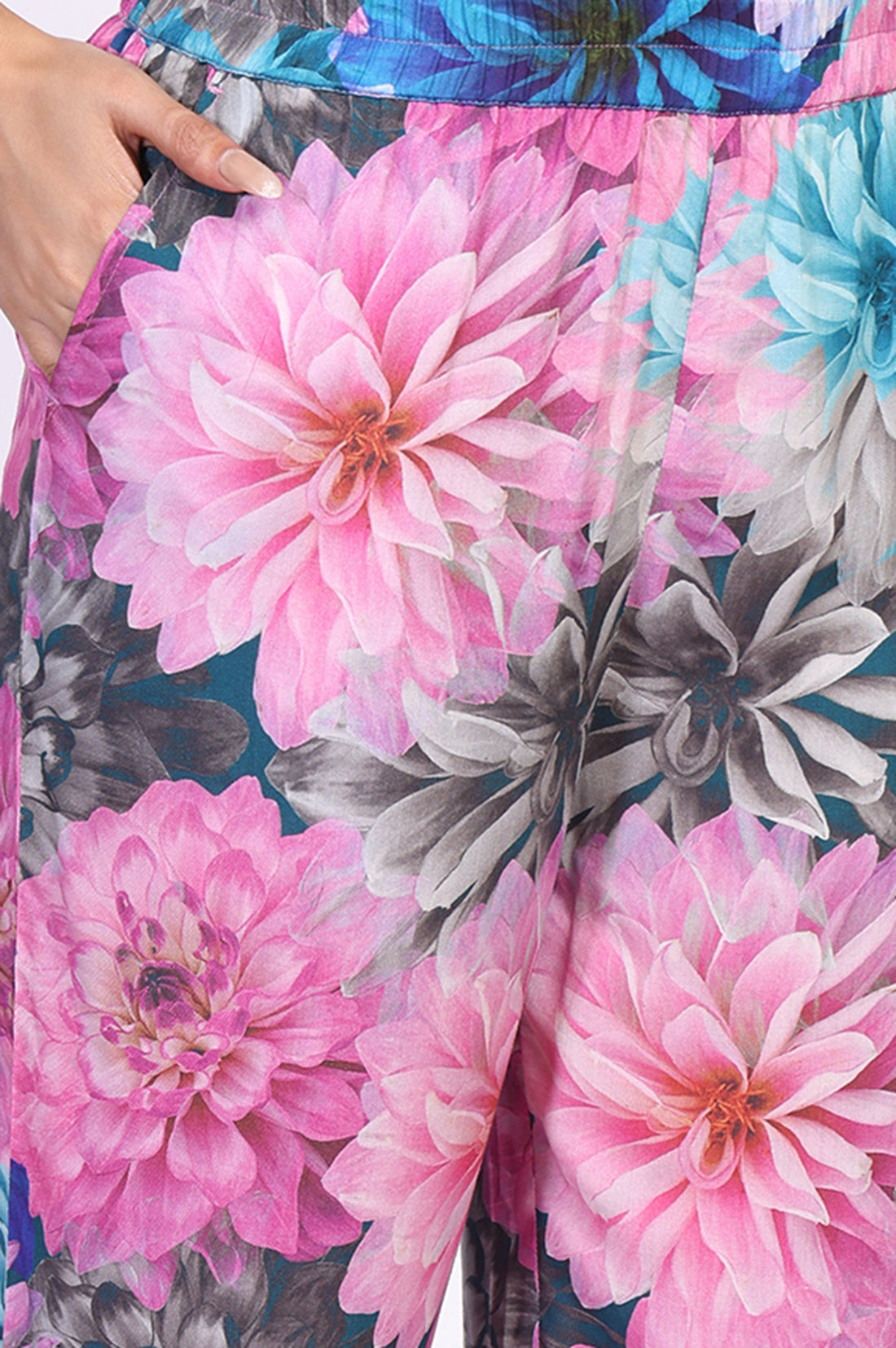 Multicolor Floral Print Cotton Blend Kaftan with Palazzo Set