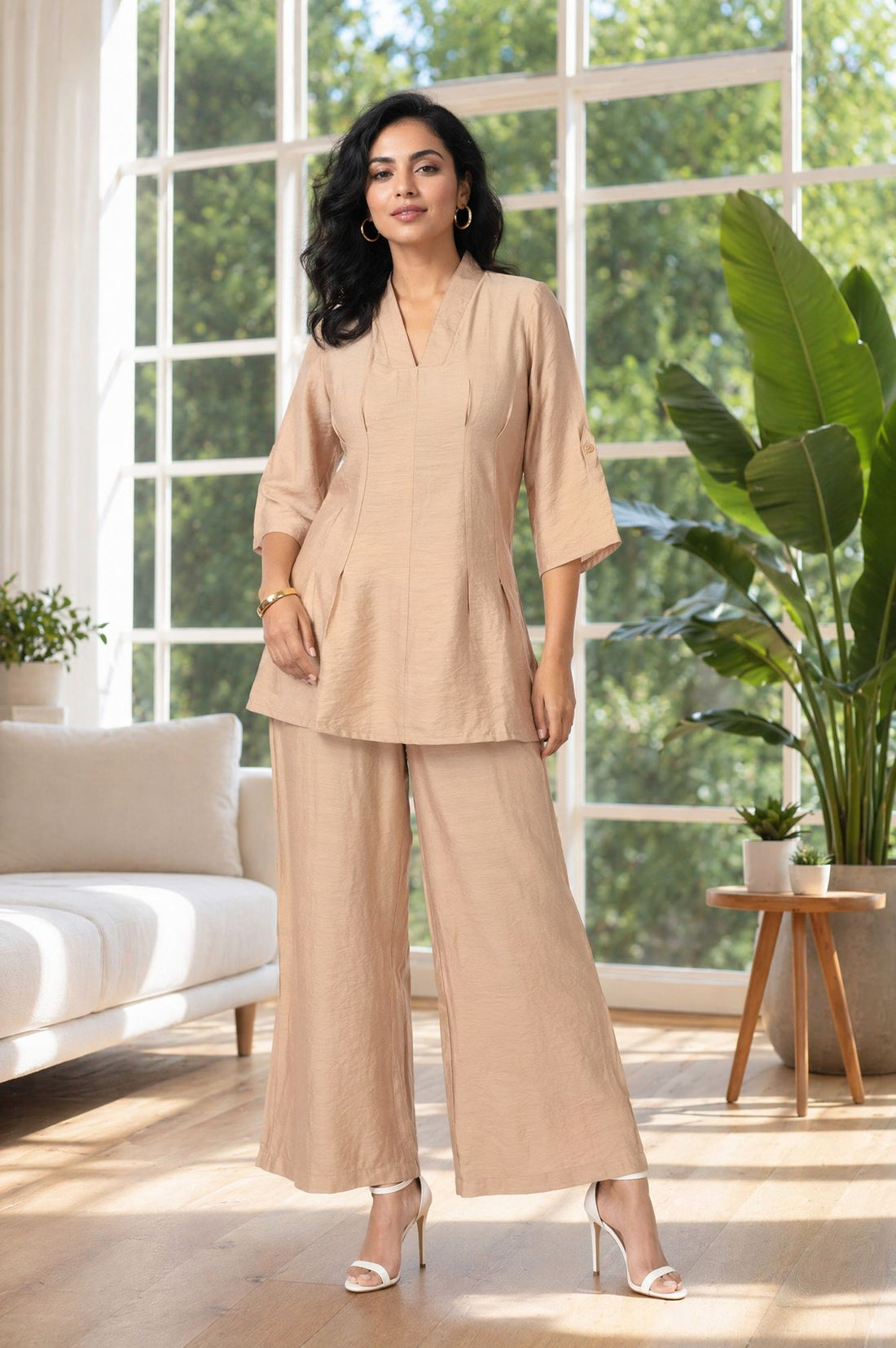 Light Gold Solid Rayon Blend A-line Top with Palazzo Set