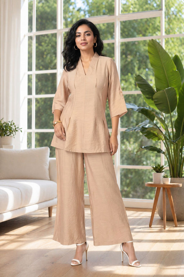 Light Gold Solid Rayon Blend A-line Top with Palazzo Set