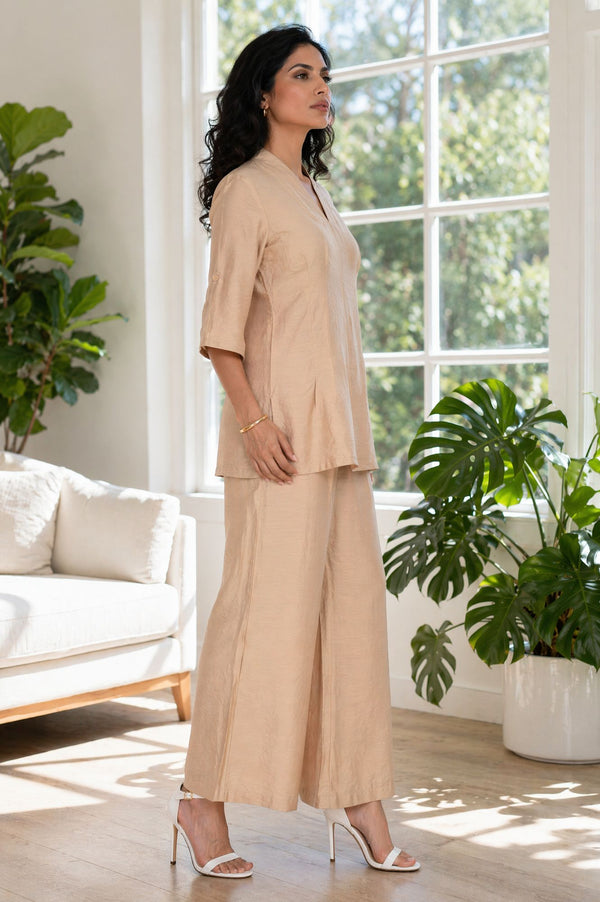 Light Gold Solid Rayon Blend A-line Top with Palazzo Set