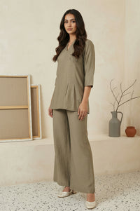 Olive Solid Buttons Straight Top with Palazzo Set
