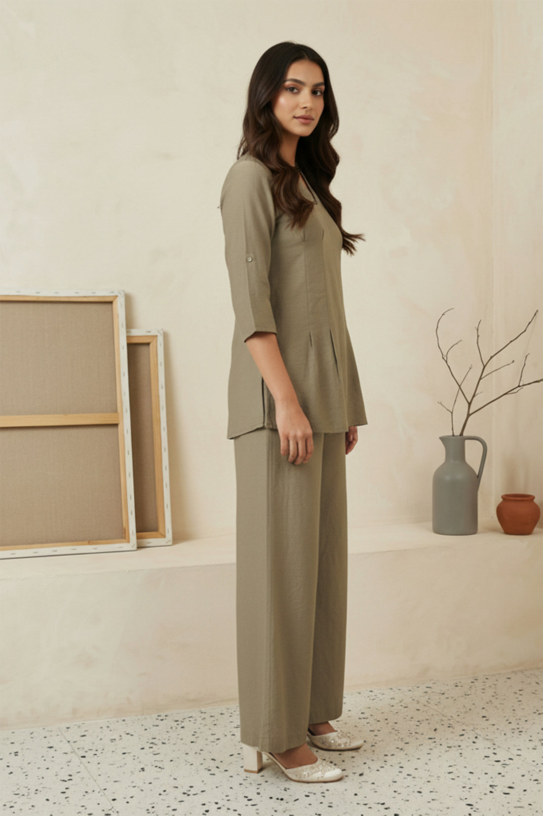 Olive Solid Buttons Straight Top with Palazzo Set