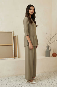 Olive Solid Buttons Straight Top with Palazzo Set