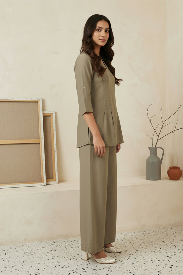 Olive Solid Buttons Straight Top with Palazzo Set