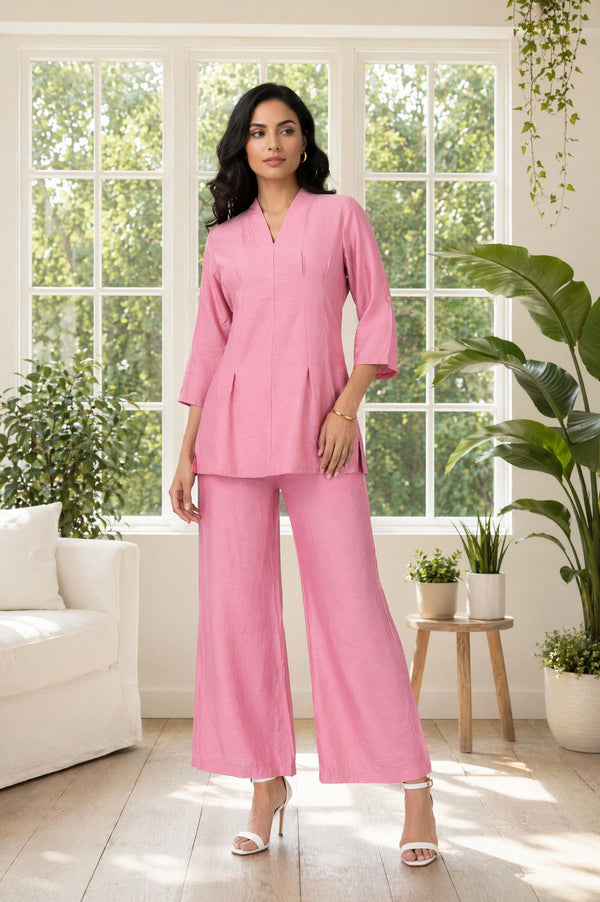 Pink Solid Rayon Blend A-line Top with Palazzo Set