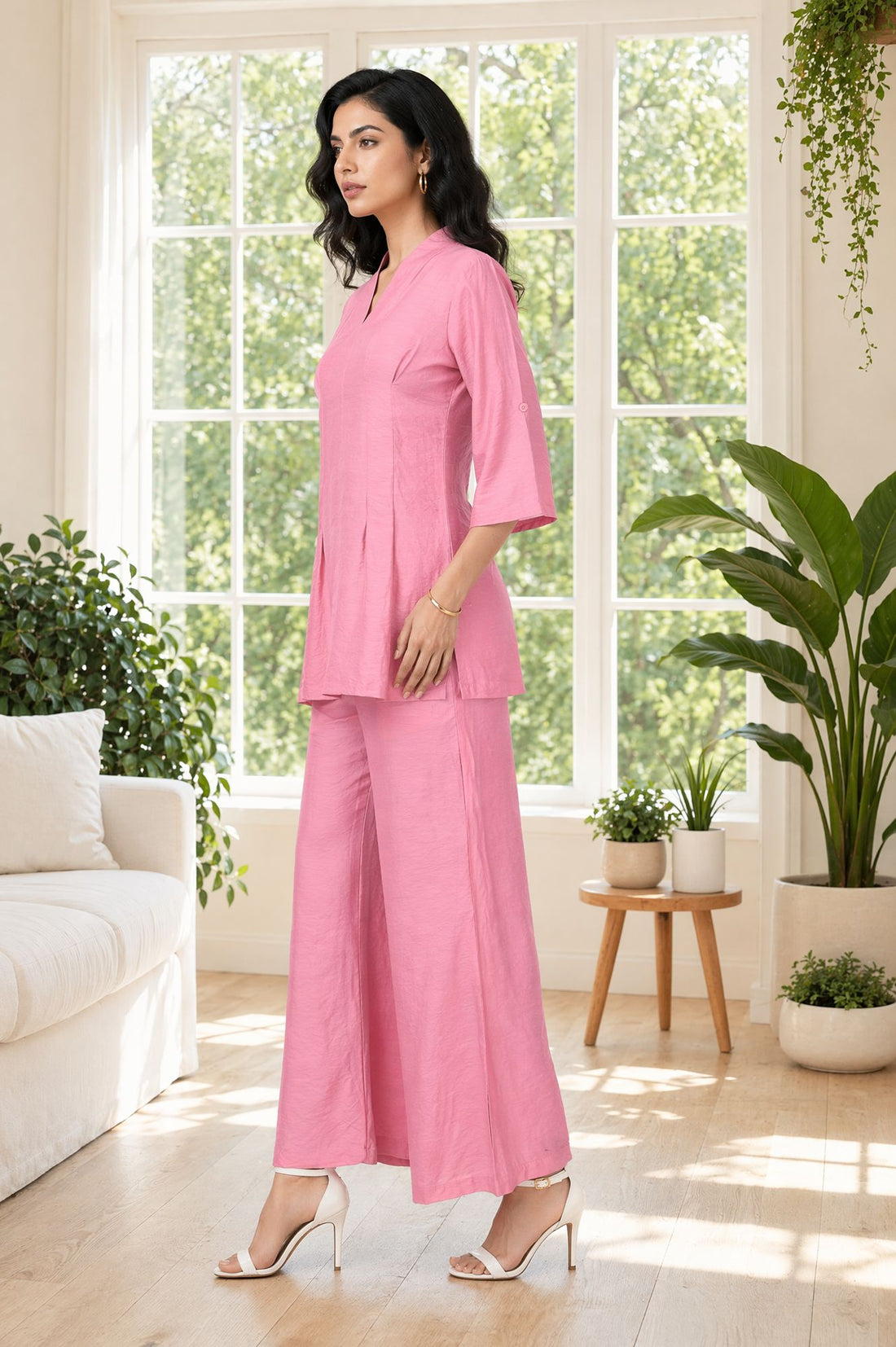 Pink Solid Rayon Blend A-line Top with Palazzo Set