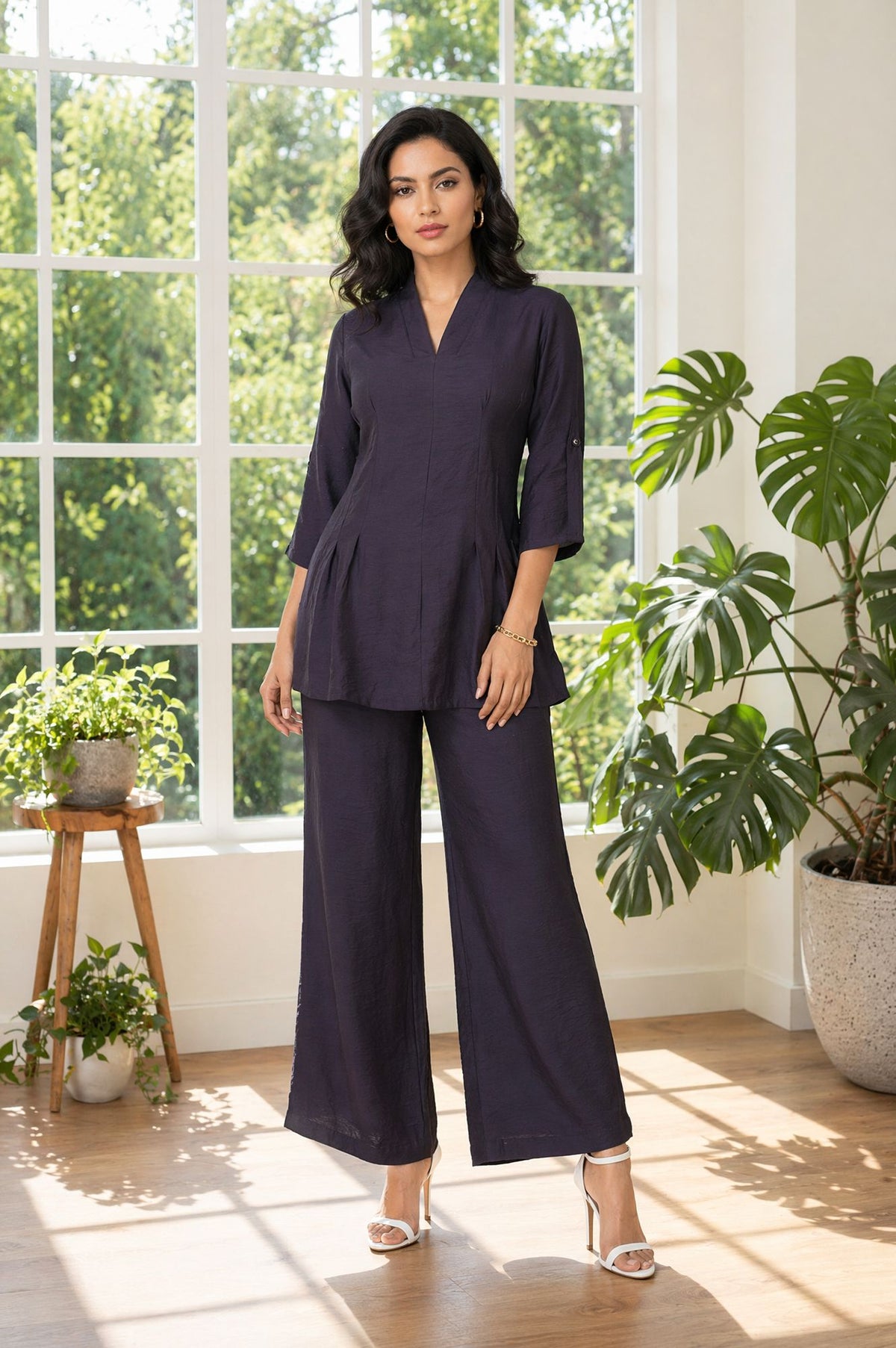 Navy Blue Solid Rayon Blend A-line Top with Palazzo Set - XS