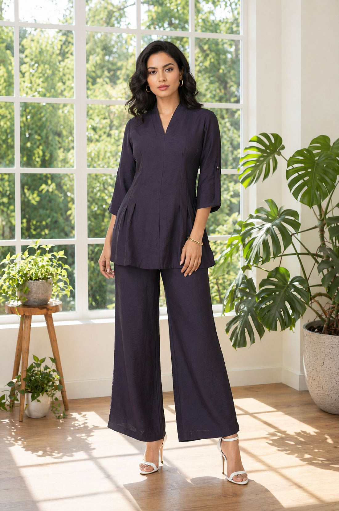 Navy Blue Solid Rayon Blend A-line Top with Palazzo Set