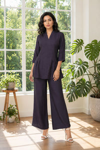 Navy Blue Solid Rayon Blend A-line Top with Palazzo Set