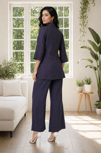 Navy Blue Solid Rayon Blend A-line Top with Palazzo Set