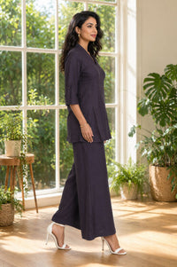 Navy Blue Solid Rayon Blend A-line Top with Palazzo Set