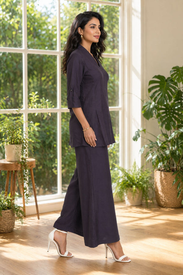 Navy Blue Solid Rayon Blend A-line Top with Palazzo Set