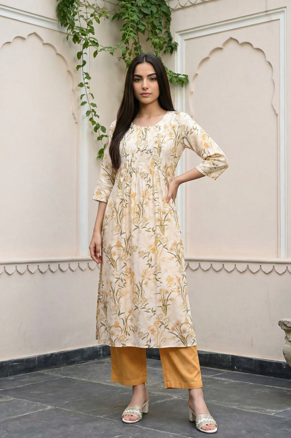 Cream Floral Printed Rayon Straight Kurta with Palazzo Set
