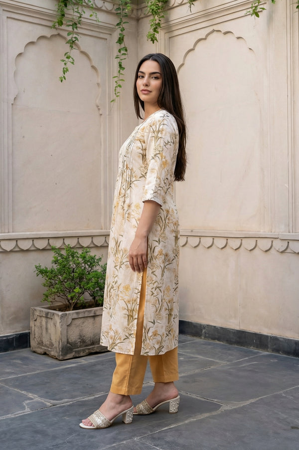 Cream Floral Printed Rayon Straight Kurta with Palazzo Set