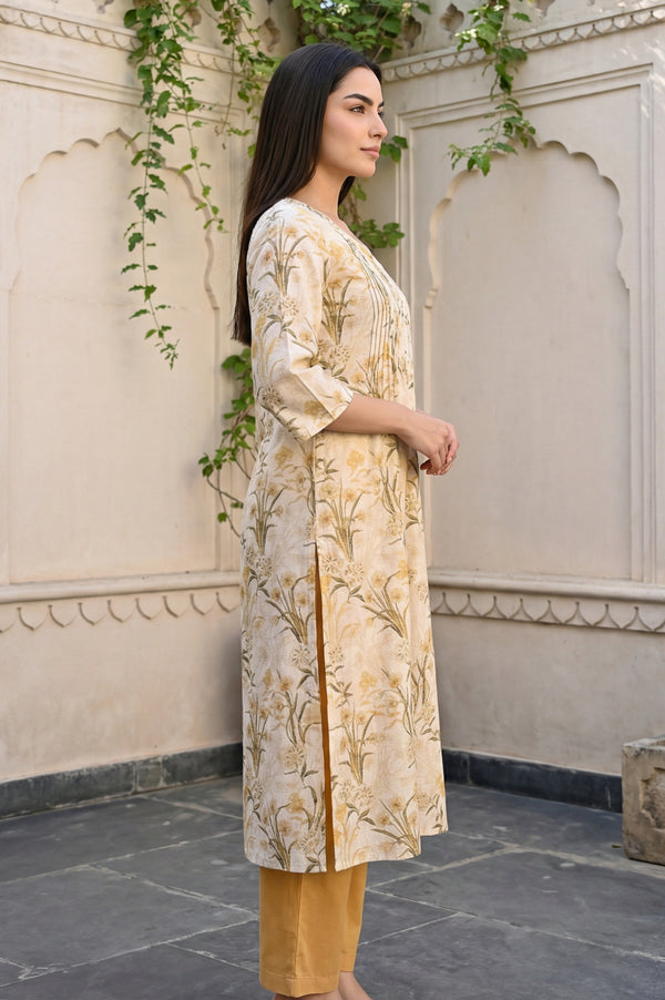 Cream Floral Printed Rayon Straight Kurta with Palazzo Set
