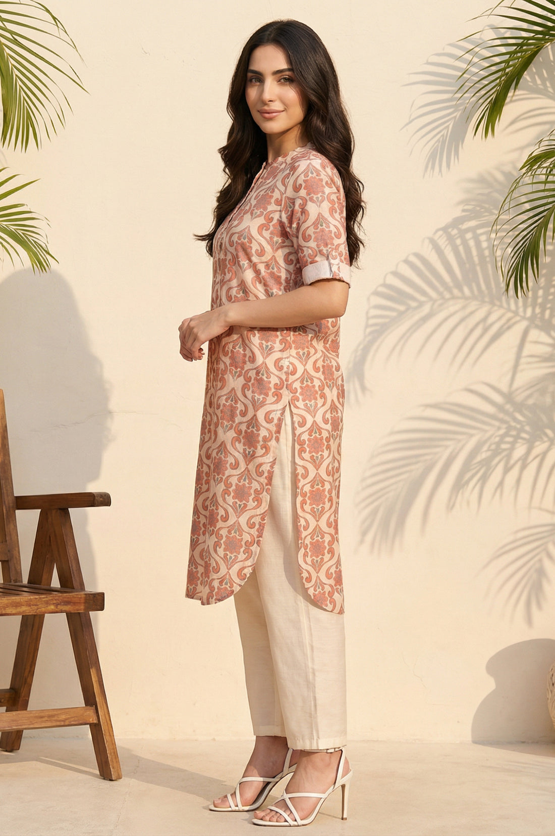 Peach Floral Printed Rayon Straight Kurta and Palazzo Set