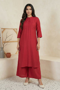 Red Solid Straight Kurta with Cullotes Set