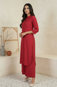 Red Solid Straight Kurta with Cullotes Set