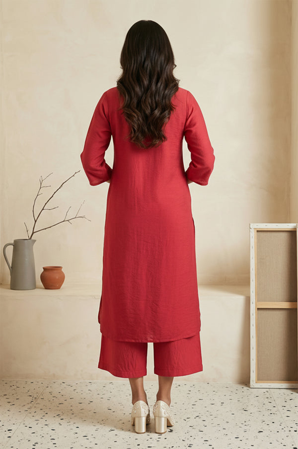 Red Solid Straight Kurta with Cullotes Set