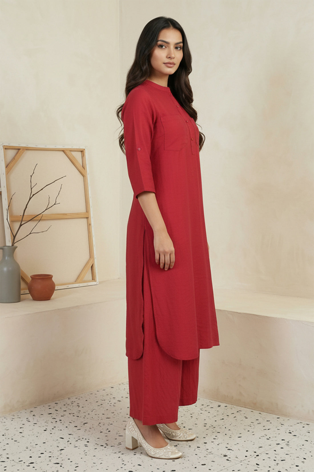 Red Solid Straight Kurta with Cullotes Set