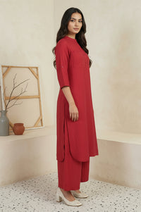 Red Solid Straight Kurta with Cullotes Set
