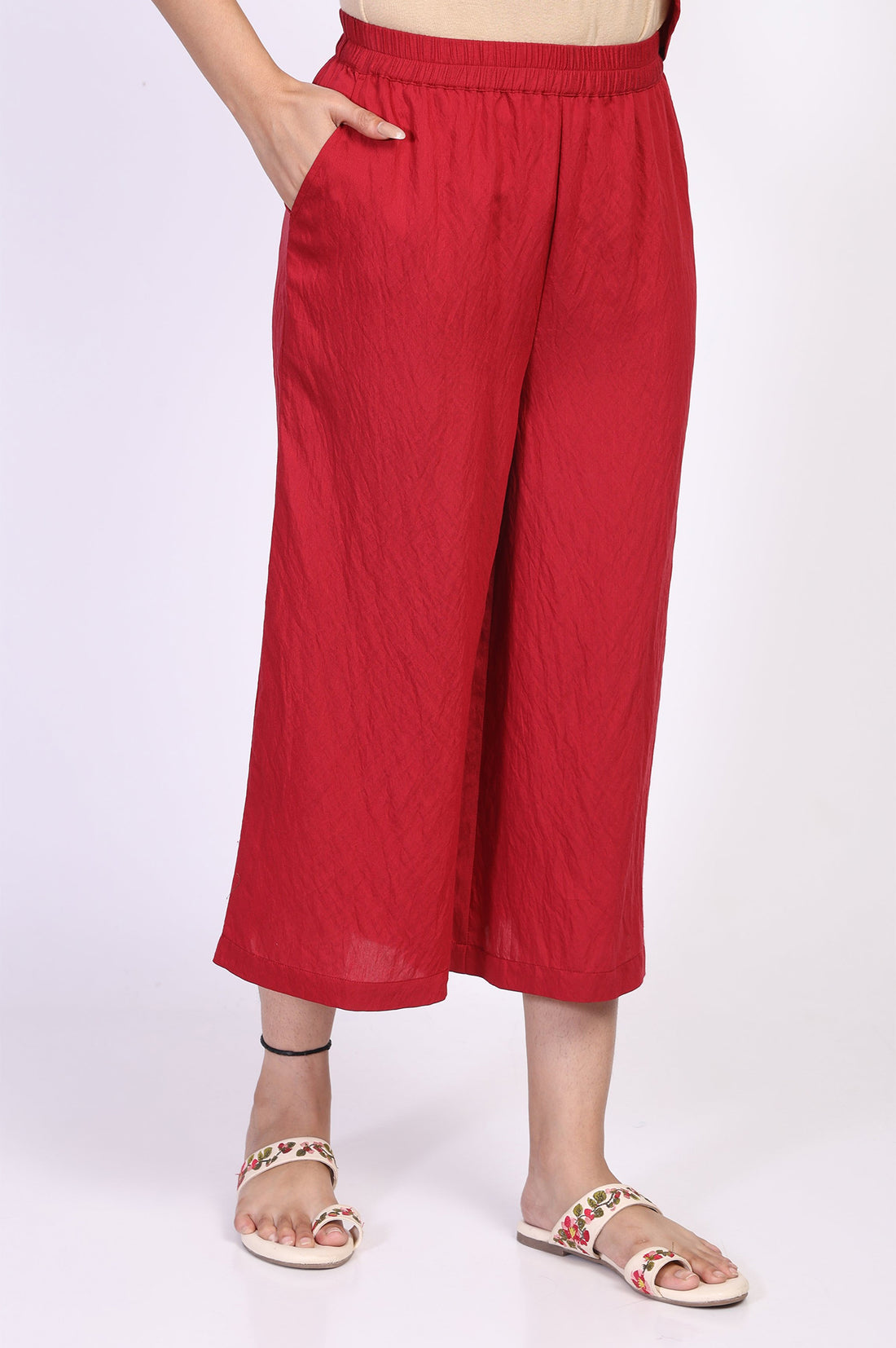 Red Solid Straight Kurta with Cullotes Set