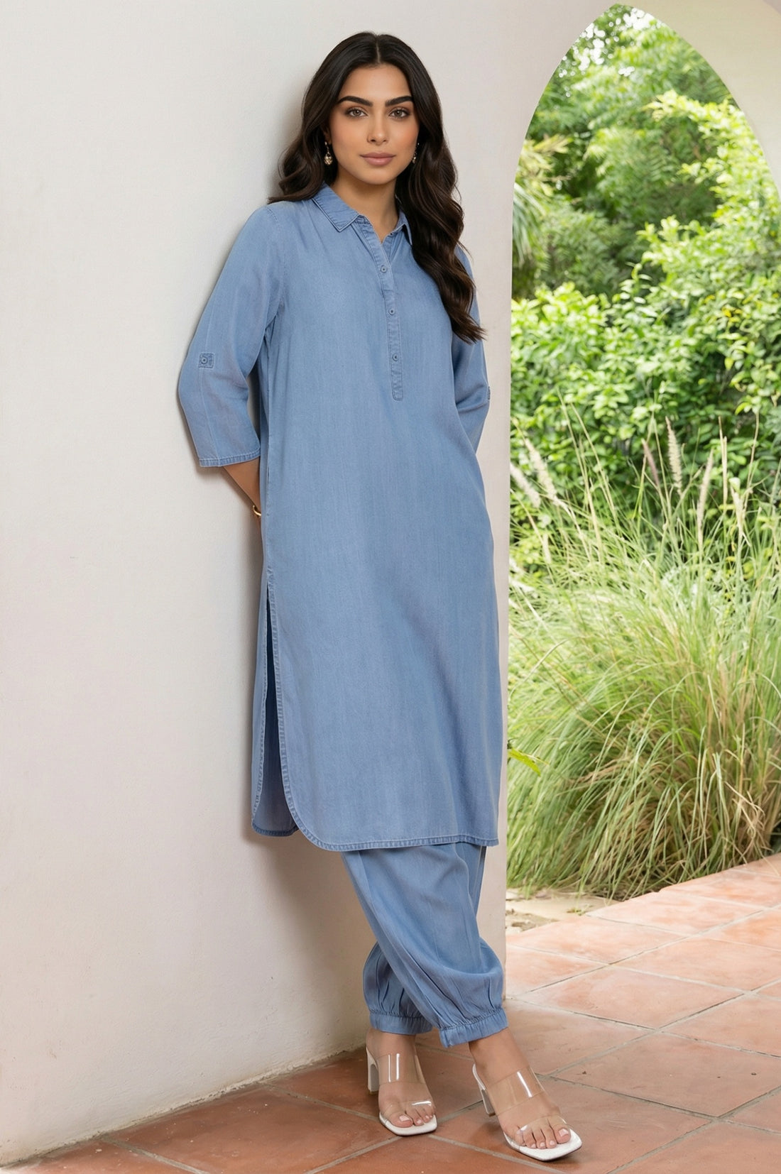Blue Solid Lyocell Straight Kurta with Salwar Co-ord Set